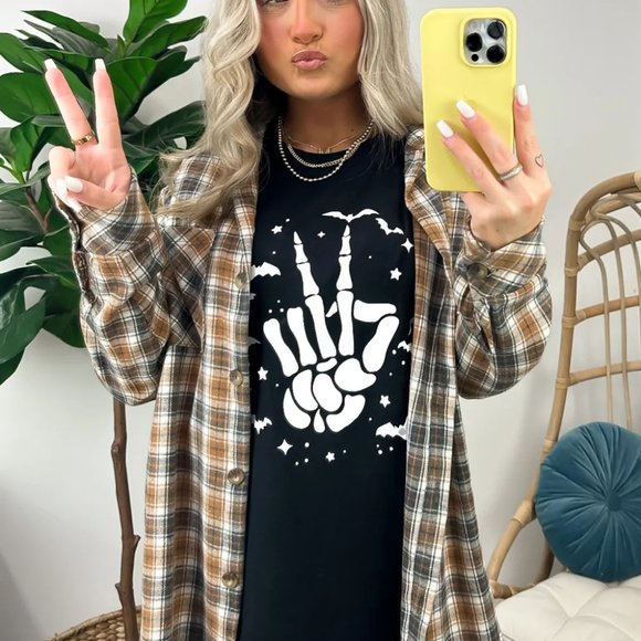 Black Halloween Bat & Skeleton Hand Graphic Tee - Picture 4 of 12